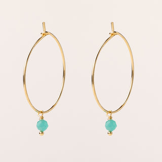 Orecchini a cerchio in argento 925 placcato oro con pietra naturale verde pendente