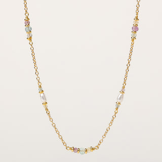 Collana sottile in argento 925 dorato, perle naturali e fluorite.