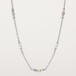 Collana sottile in argento 925 rodiato, perle naturali e fluorite.