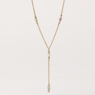 Collana a forma di Y in argento dorato, perle naturali e fluorite.