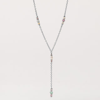 Collana a forma di Y in argento rodiato, perle naturali e fluorite.