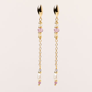 Orecchini pendenti in argento placcato oro, perle e fluorite.
