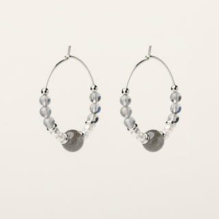 Orecchini in argento 925 Rodiato con labradorite dal design geometrico essenziale.