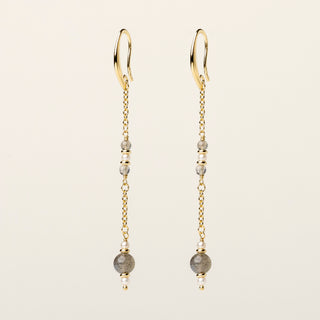 Orecchini in argento 925 dorato con labradorite dal design geometrico essenziale.