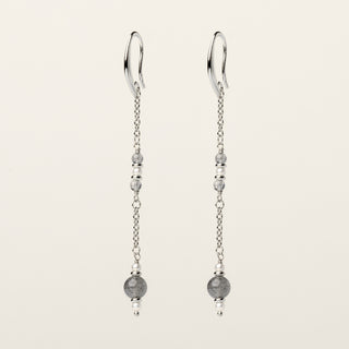 Orecchini in argento 925 Rodiato con labradorite dal design geometrico essenziale.