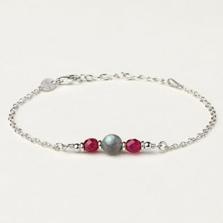Bracciale in argento 925 Rodiato con labradorite e corindone dal design geometrico essenziale.