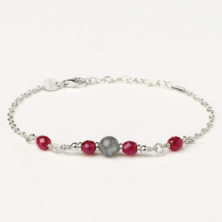 Bracciale in argento 925 Rodiato con labradorite e corindone dal design geometrico essenziale.