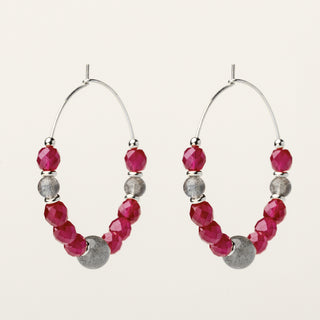 Orecchini in argento 925 Rodiato con labradorite e corindone dal design geometrico essenziale.