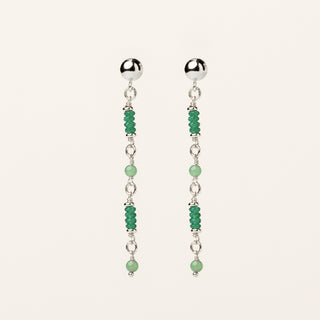 Orecchini in argento 925 Rodiato con cristallo verde dal design geometrico essenziale.
